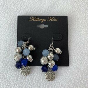 Katheryn Kent Blue Silver Bead Dangle Hook Earrings New